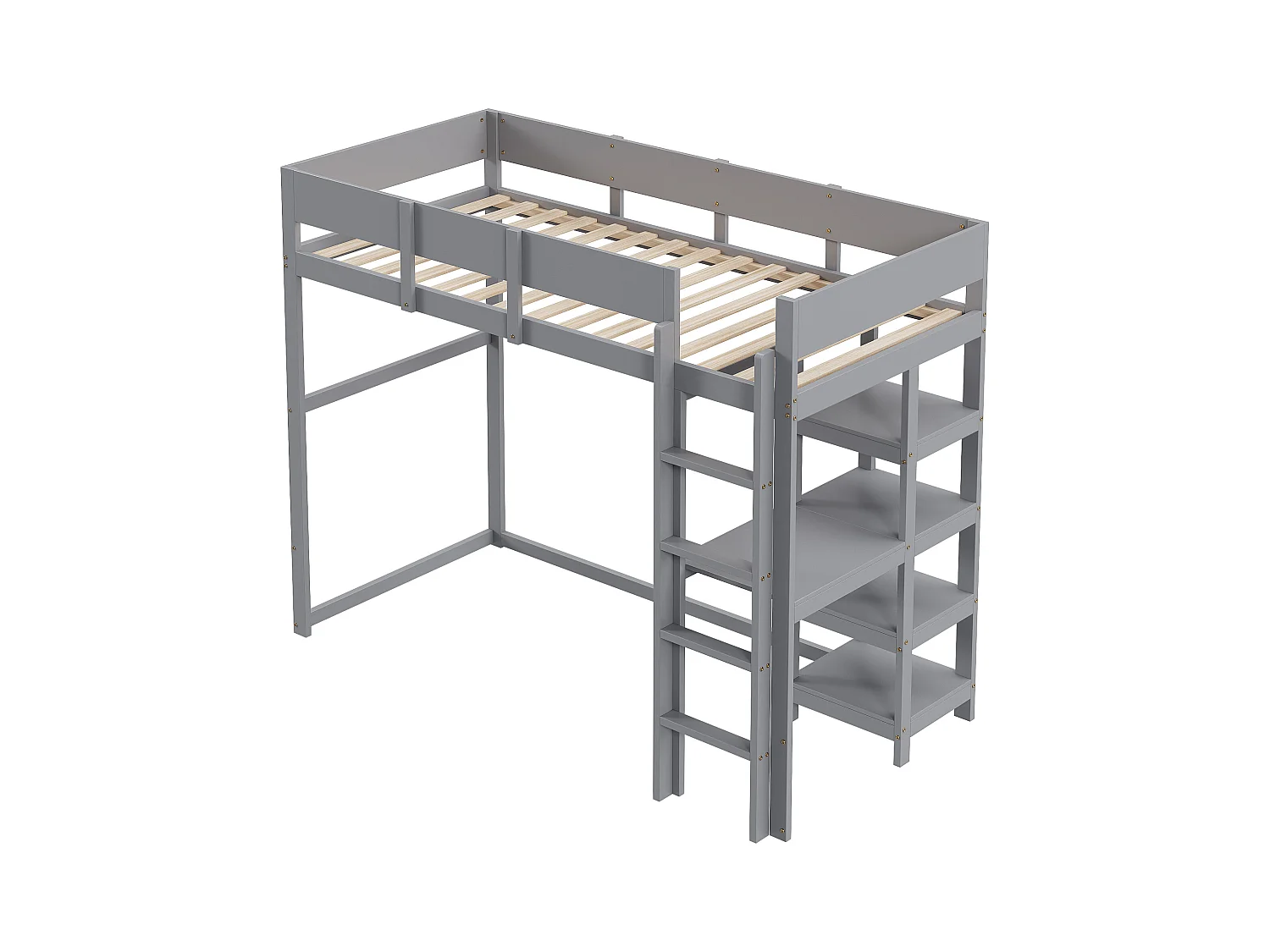 Lit mezzanine 90 x 200 cm - avec échelle - avec étagères de rangement - bois massif - avec sommier à lattes - gris (matelas non inclus)