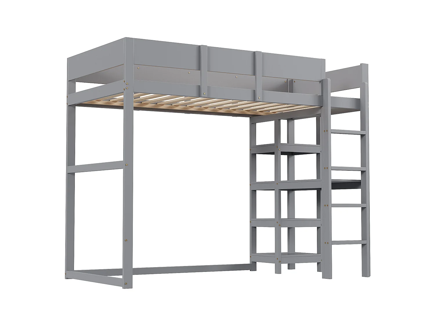 Lit mezzanine 90 x 200 cm - avec échelle - avec étagères de rangement - bois massif - avec sommier à lattes - gris (matelas non inclus)