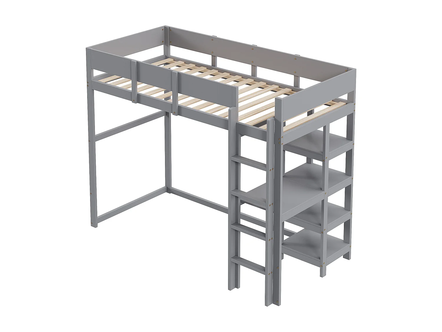 Lit mezzanine 90 x 200 cm - avec échelle - avec étagères de rangement - bois massif - avec sommier à lattes - gris (matelas non inclus)