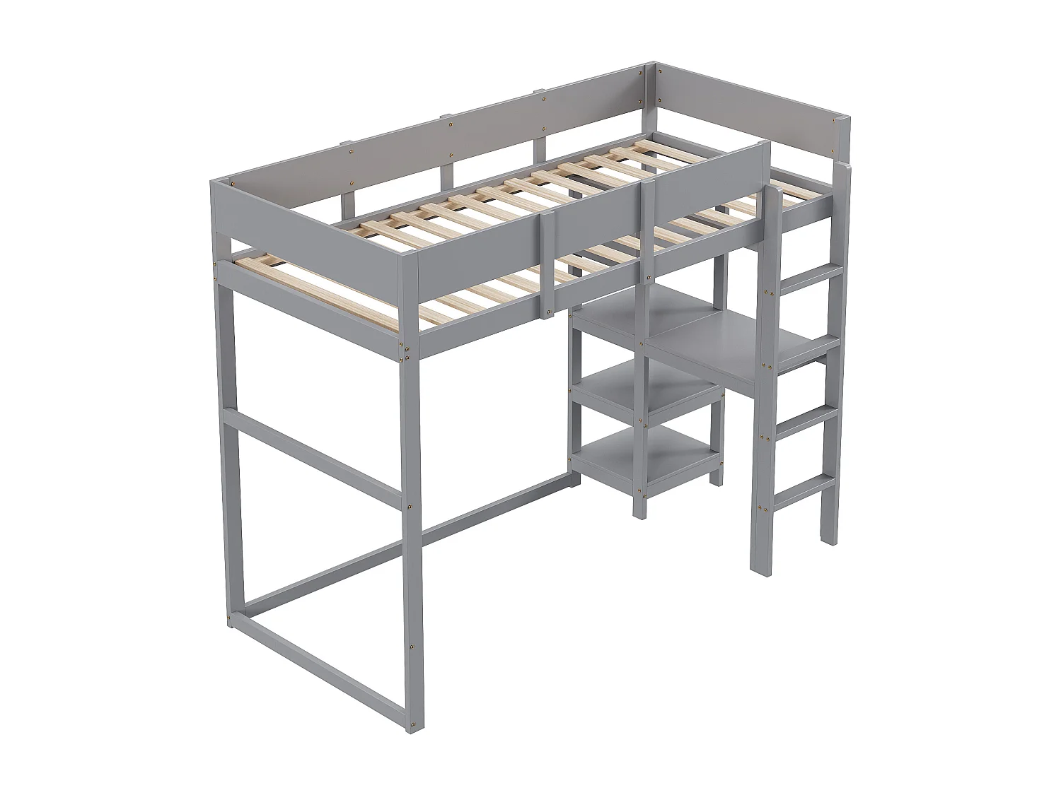 Lit mezzanine 90 x 200 cm - avec échelle - avec étagères de rangement - bois massif - avec sommier à lattes - gris (matelas non inclus)