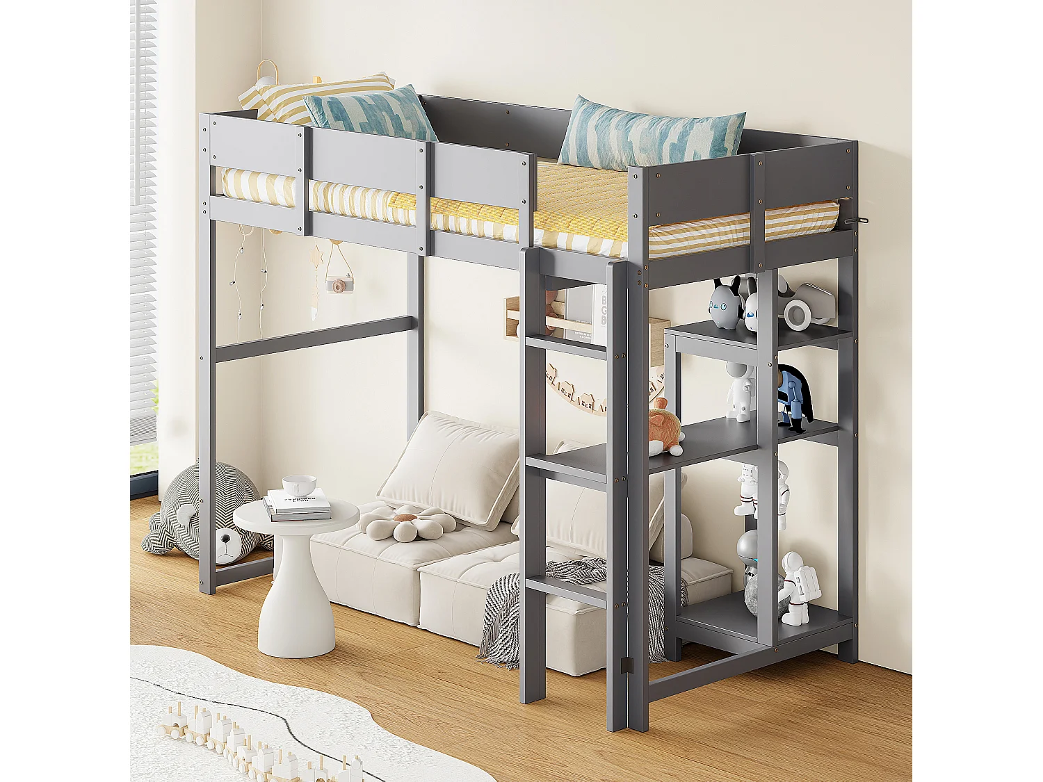 Cama alta 90 x 200 cm - con escalera - con estantes de almacenamiento - madera maciza - con somier de láminas - gris (colchón no incluido)