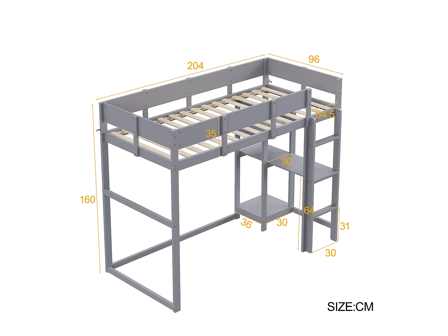 Cama alta 90 x 200 cm - con escalera - con estantes de almacenamiento - madera maciza - con somier de láminas - gris (colchón no incluido)