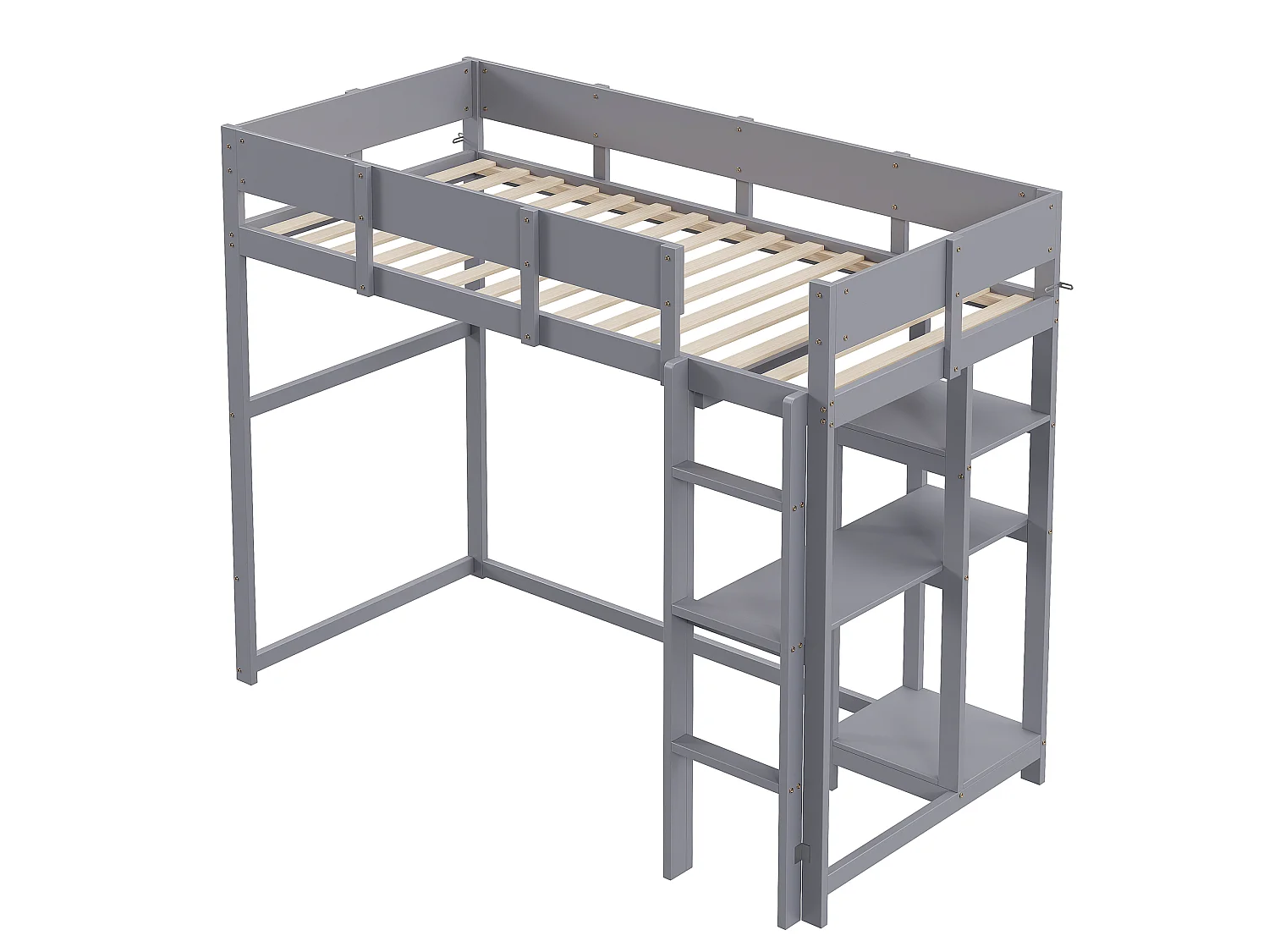 Cama alta 90 x 200 cm - con escalera - con estantes de almacenamiento - madera maciza - con somier de láminas - gris (colchón no incluido)