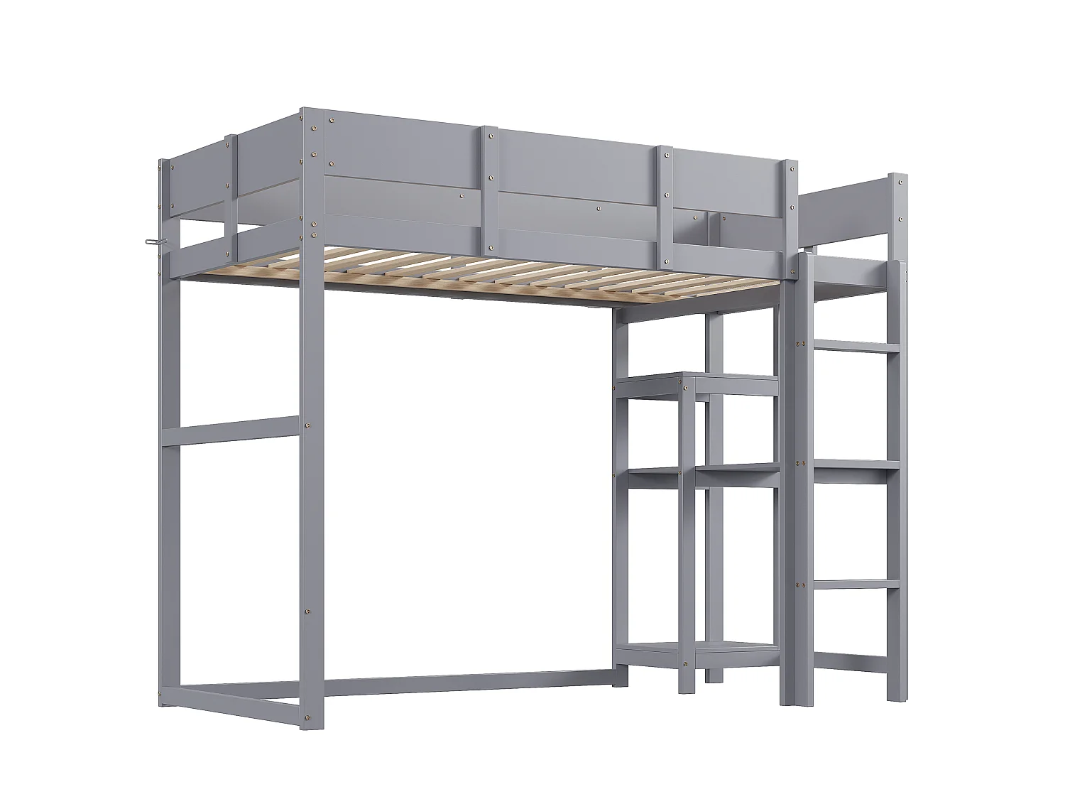 Cama alta 90 x 200 cm - con escalera - con estantes de almacenamiento - madera maciza - con somier de láminas - gris (colchón no incluido)