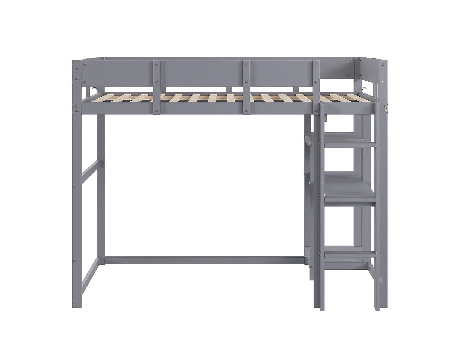 Cama alta 90 x 200 cm - con escalera - con estantes de almacenamiento - madera maciza - con somier de láminas - gris (colchón no incluido)