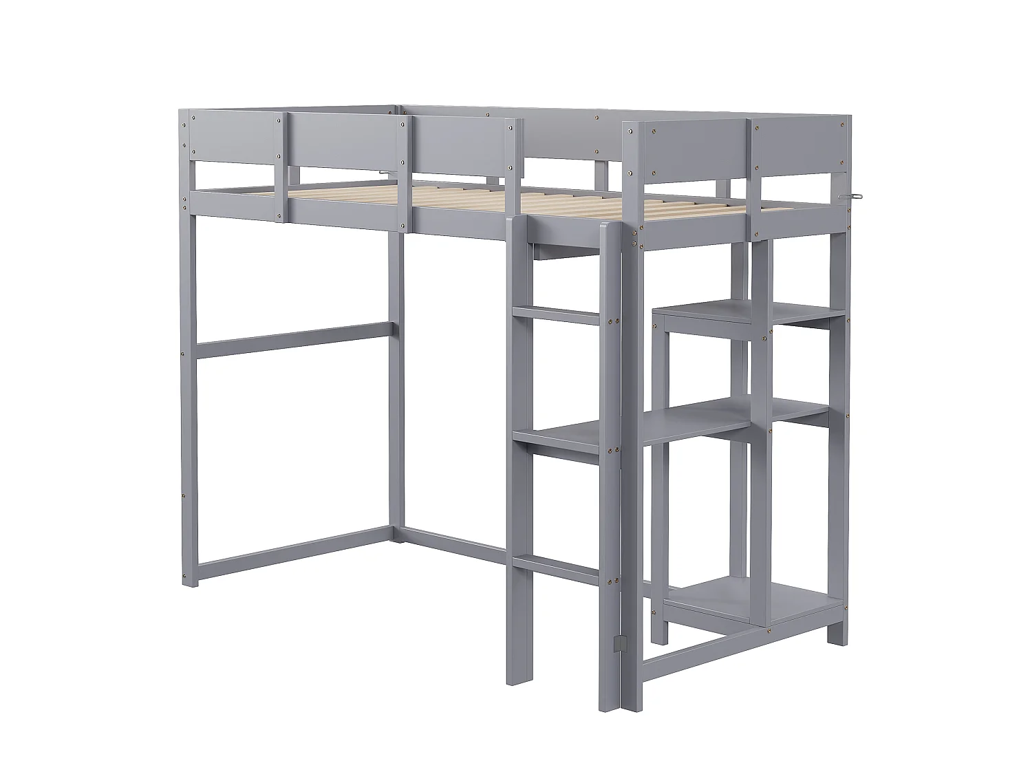 Cama alta 90 x 200 cm - con escalera - con estantes de almacenamiento - madera maciza - con somier de láminas - gris (colchón no incluido)
