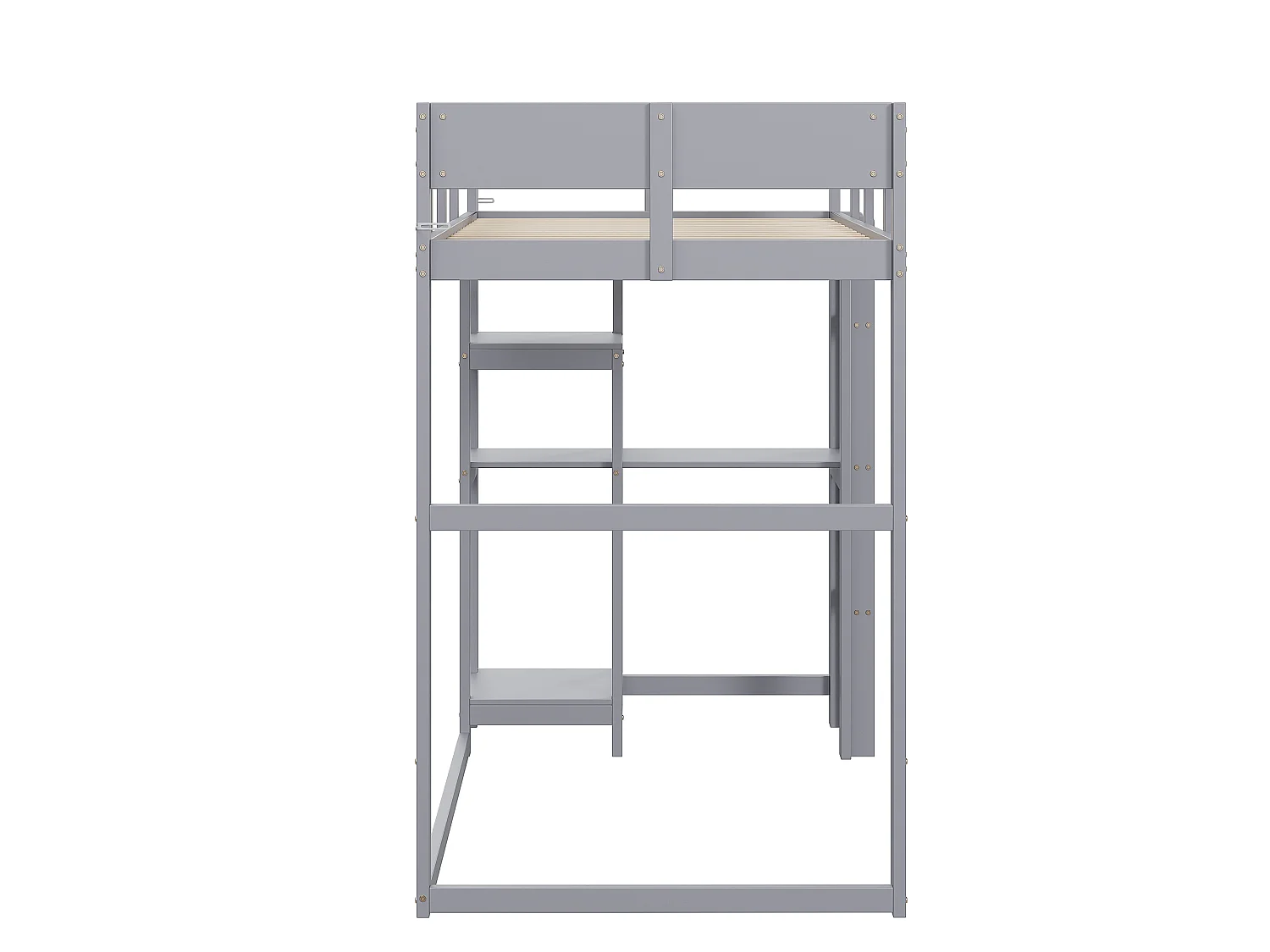 Cama alta 90 x 200 cm - con escalera - con estantes de almacenamiento - madera maciza - con somier de láminas - gris (colchón no incluido)