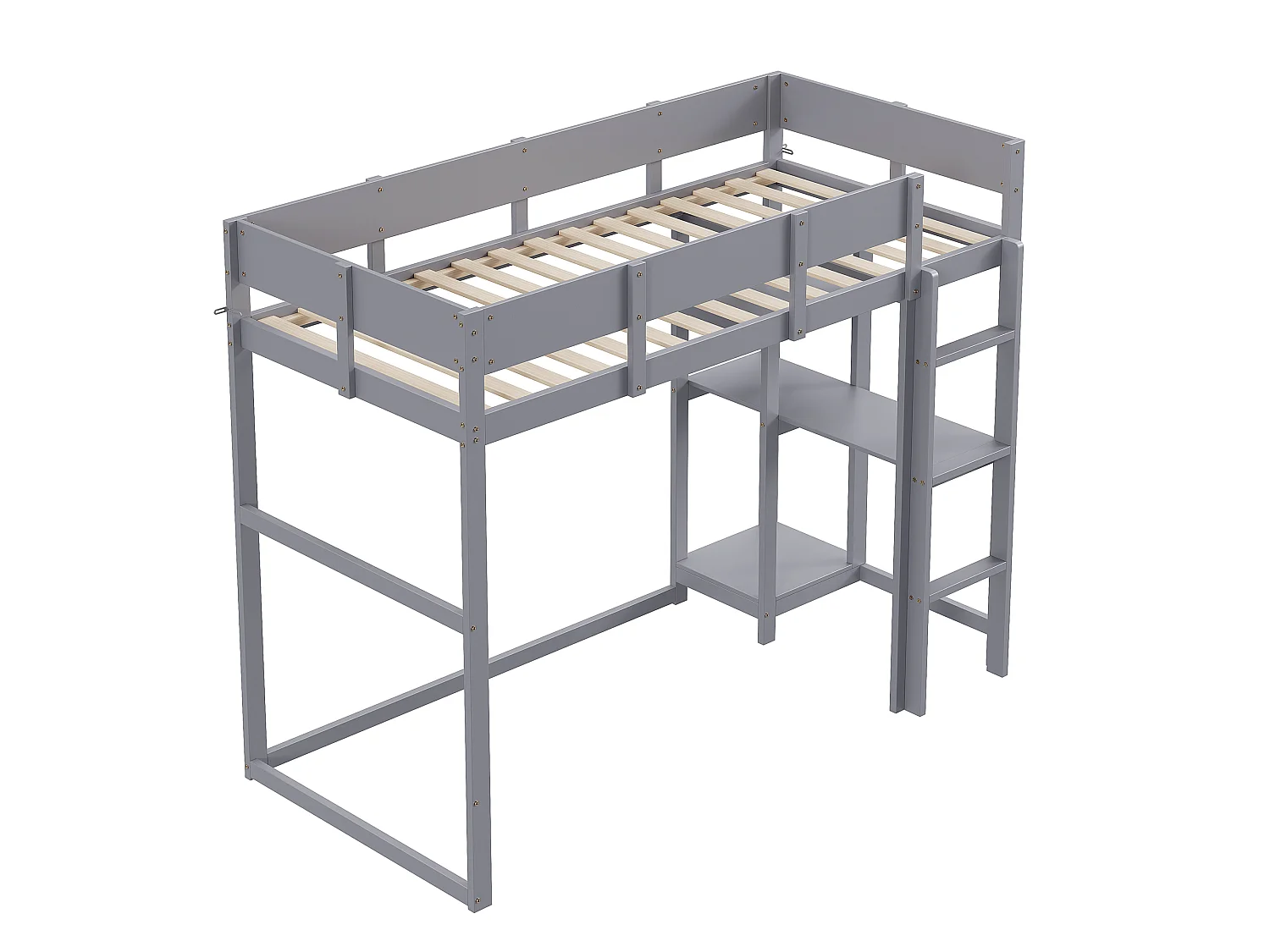 Cama alta 90 x 200 cm - con escalera - con estantes de almacenamiento - madera maciza - con somier de láminas - gris (colchón no incluido)