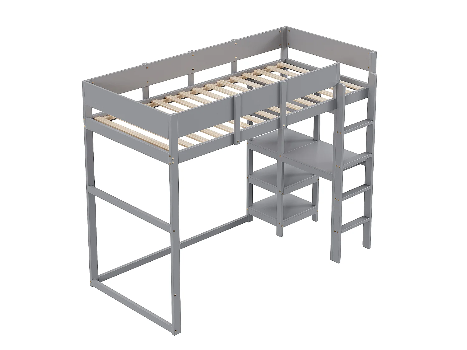 Cama alta 90 x 200 cm - con escalera - con estantes de almacenamiento - madera maciza - con somier de láminas - gris (colchón no incluido)