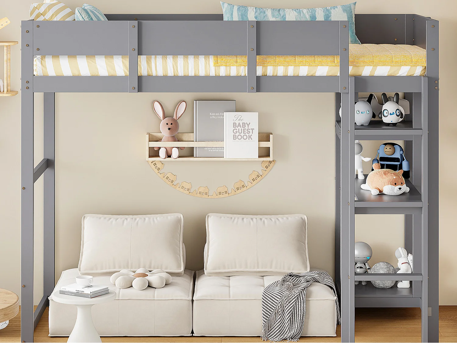 Cama alta 90 x 200 cm - con escalera - con estantes de almacenamiento - madera maciza - con somier de láminas - gris (colchón no incluido)