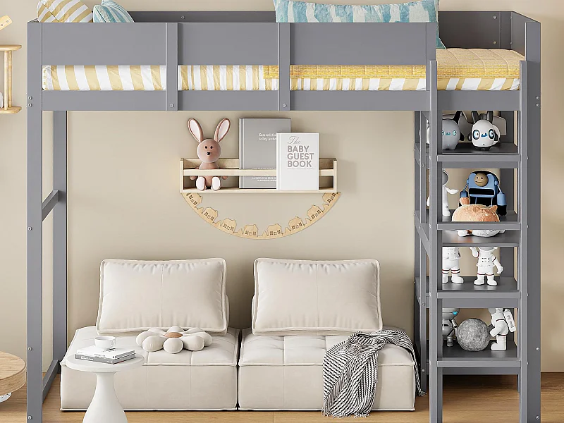 Lit mezzanine 90 x 200 cm - avec échelle - avec étagères de rangement - bois massif - avec sommier à lattes - gris (matelas non inclus)