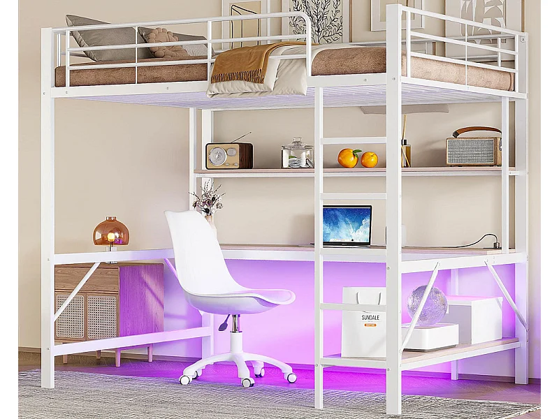 Lit mezzanine 140x200 cm - avec barrières - avec échelle - avec USB et prises - avec lumière LED - avec bureau + étagères à plusieurs niveaux - blanc (sans matelas)