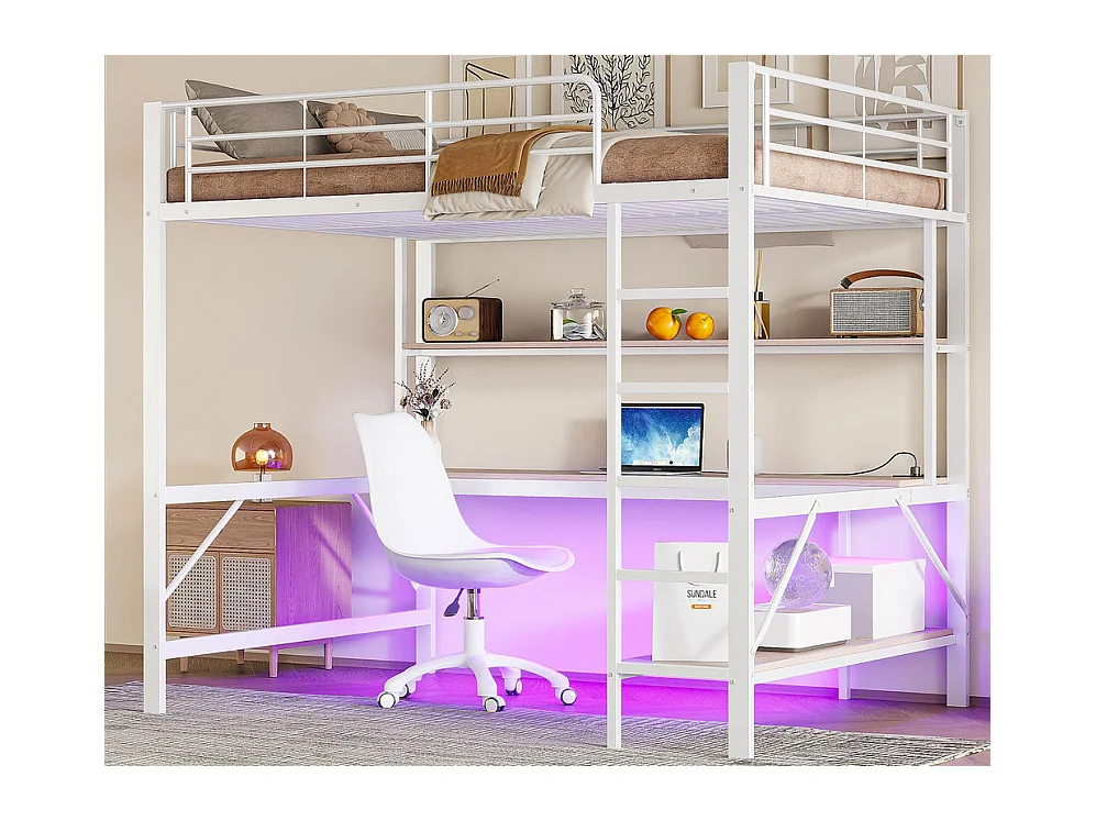 Lit mezzanine 140x200 cm - avec barrières - avec échelle - avec USB et prises - avec lumière LED - avec bureau + étagères à plusieurs niveaux - blanc (sans matelas)