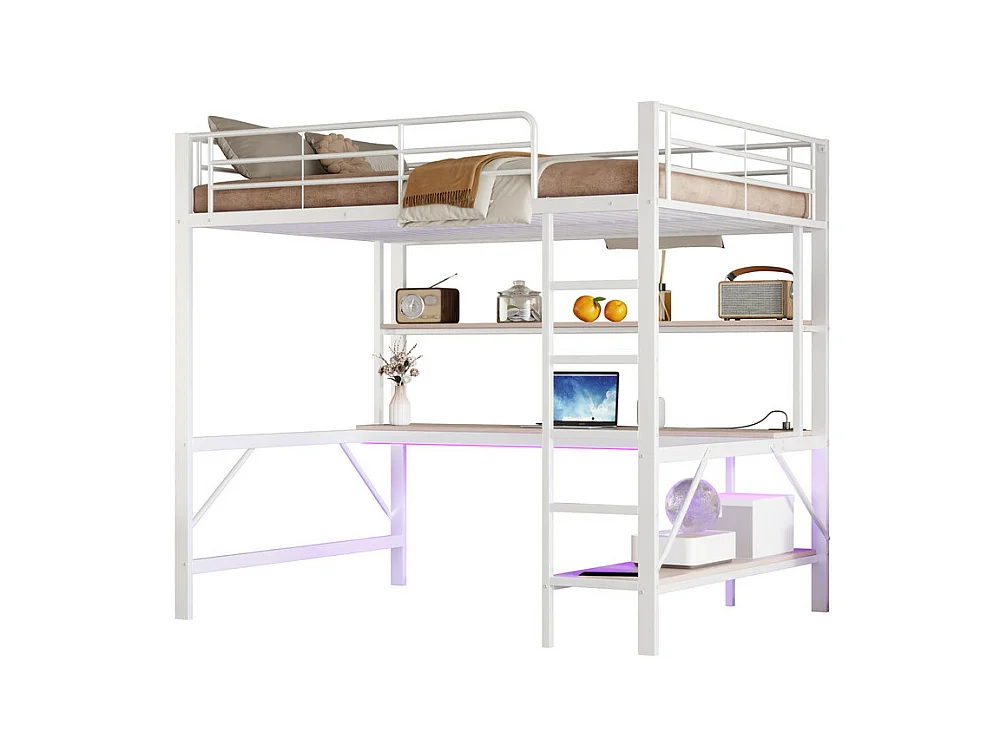 Lit mezzanine 140x200 cm - avec barrières - avec échelle - avec USB et prises - avec lumière LED - avec bureau + étagères à plusieurs niveaux - blanc (sans matelas)