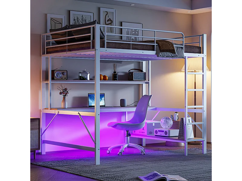 Lit mezzanine 140x200 cm - avec barrières - avec échelle - avec USB et prises - avec lumière LED - avec bureau + étagères à plusieurs niveaux - blanc (sans matelas)