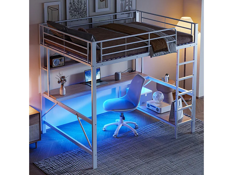 Lit mezzanine 140x200 cm - avec barrières - avec échelle - avec USB et prises - avec lumière LED - avec bureau + étagères à plusieurs niveaux - blanc (sans matelas)