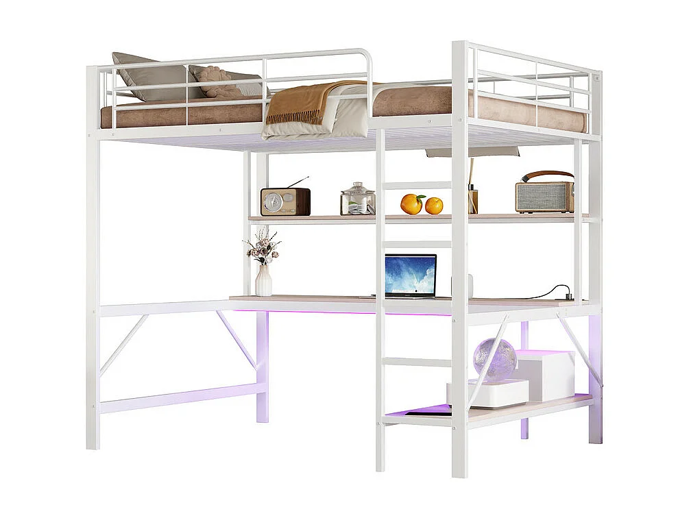 Lit mezzanine 140x200 cm - avec barrières - avec échelle - avec USB et prises - avec lumière LED - avec bureau + étagères à plusieurs niveaux - blanc (sans matelas)