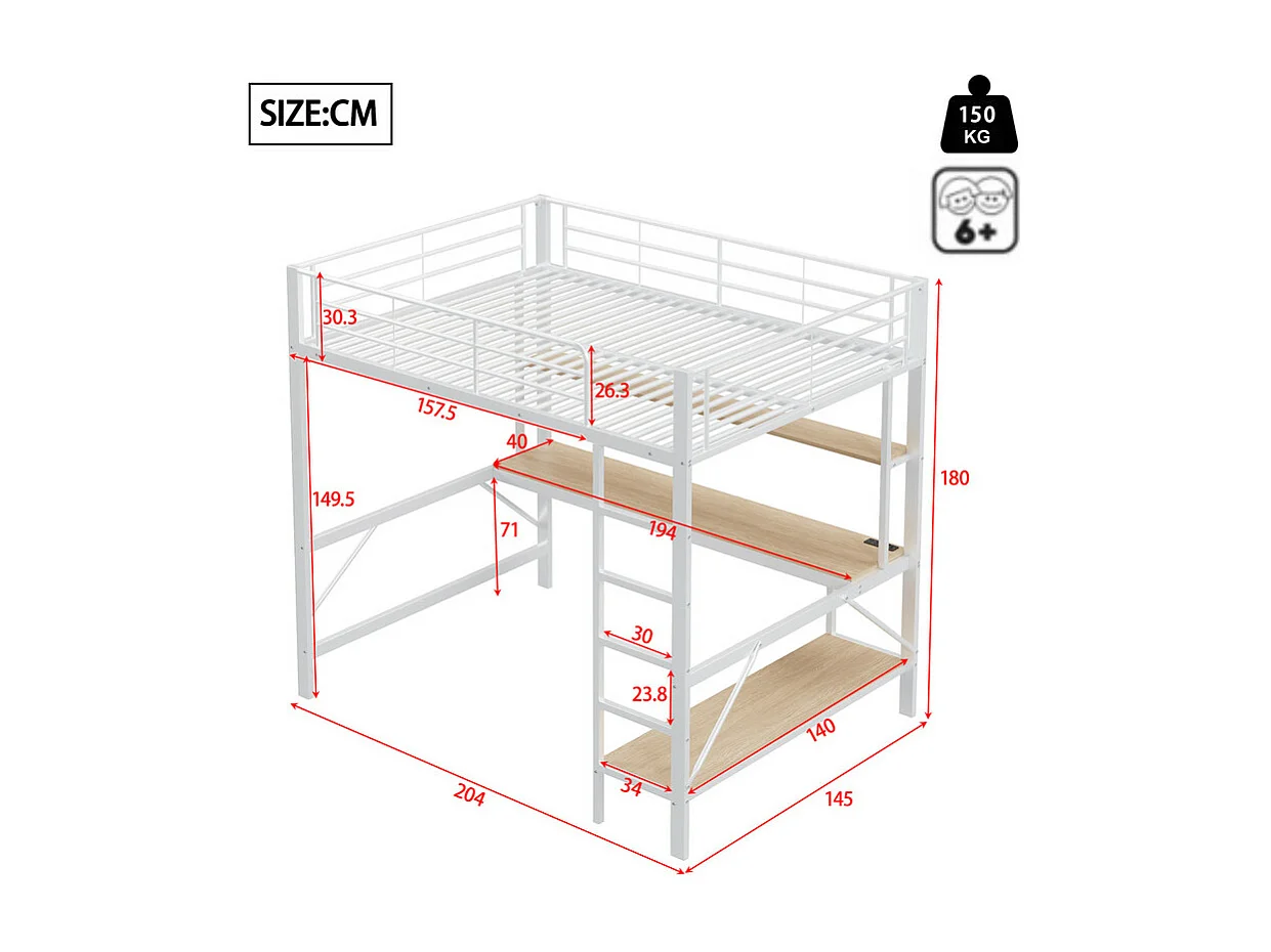 Lit mezzanine 140x200 cm - avec barrières - avec échelle - avec USB et prises - avec lumière LED - avec bureau + étagères à plusieurs niveaux - blanc (sans matelas)