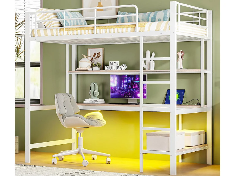 Cama alta 90x200 cm - con barreras - con escalera - con USB y enchufes - con luz LED - con escritorio + estantes de varios niveles - blanco (sin colchón)