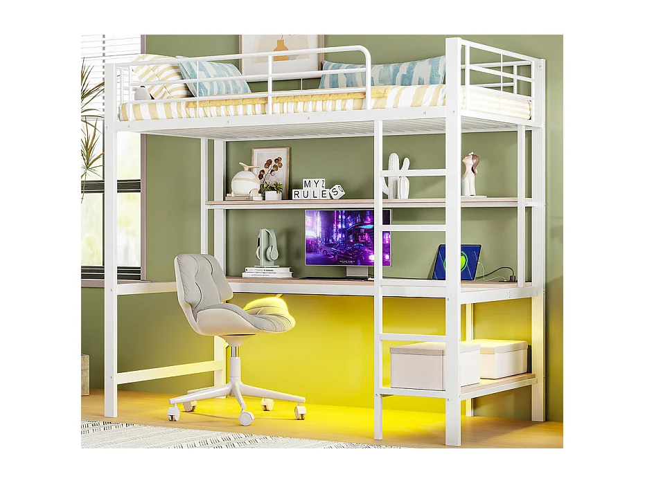 Lit mezzanine 90x200 cm - avec barrières - avec échelle - avec USB et prises - avec lumière LED - avec bureau + étagères à plusieurs niveaux - blanc (sans matelas)