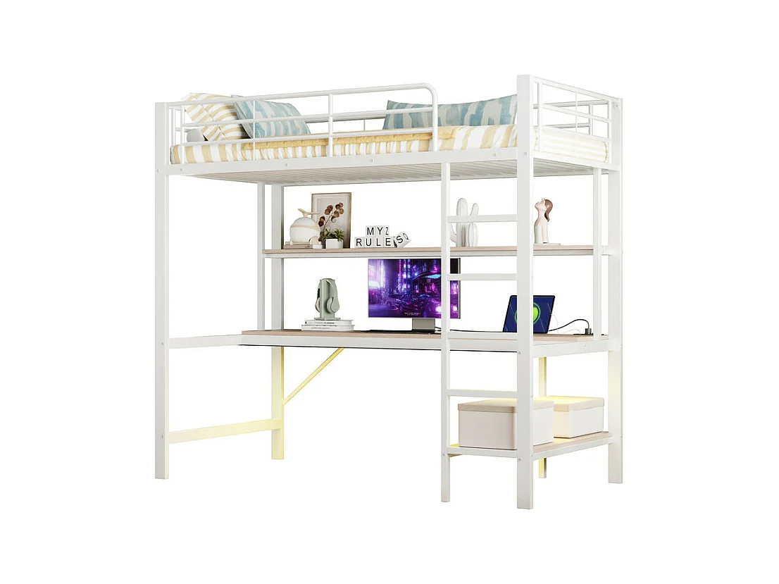 Lit mezzanine 90x200 cm - avec barrières - avec échelle - avec USB et prises - avec lumière LED - avec bureau + étagères à plusieurs niveaux - blanc (sans matelas)