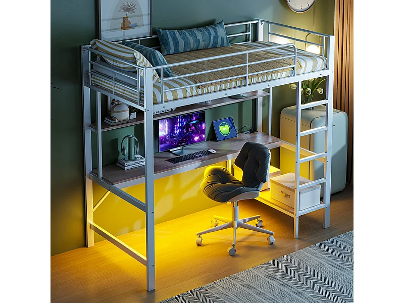 Lit mezzanine 90x200 cm - avec barrières - avec échelle - avec USB et prises - avec lumière LED - avec bureau + étagères à plusieurs niveaux - blanc (sans matelas)