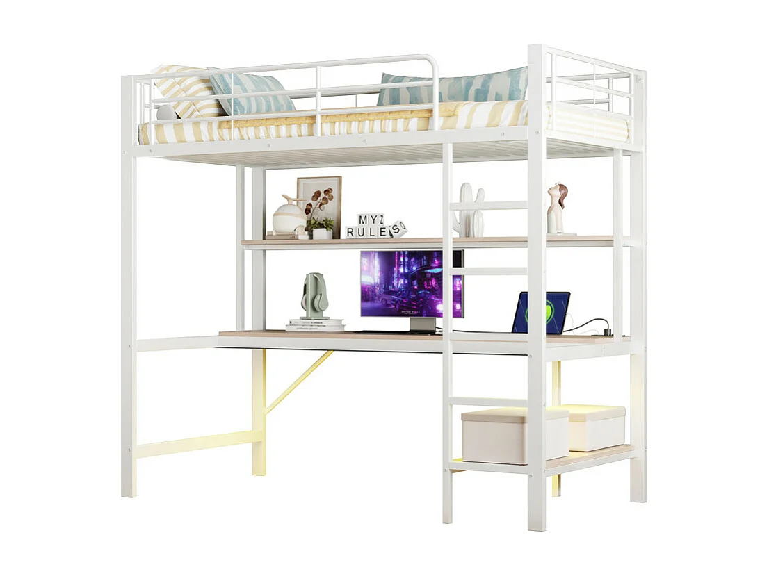 Łóżko mezzanine 90x200 cm - z barierkami - z drabiną - z USB i gniazdkami - z oświetleniem LED - z biurkiem + wielopoziomowymi półkami - białe (bez materaca)