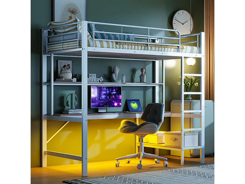 Łóżko mezzanine 90x200 cm - z barierkami - z drabiną - z USB i gniazdkami - z oświetleniem LED - z biurkiem + wielopoziomowymi półkami - białe (bez materaca)