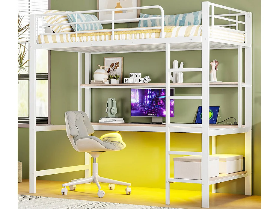 Lit mezzanine 90x200 cm - avec barrières - avec échelle - avec USB et prises - avec lumière LED - avec bureau + étagères à plusieurs niveaux - blanc (sans matelas)