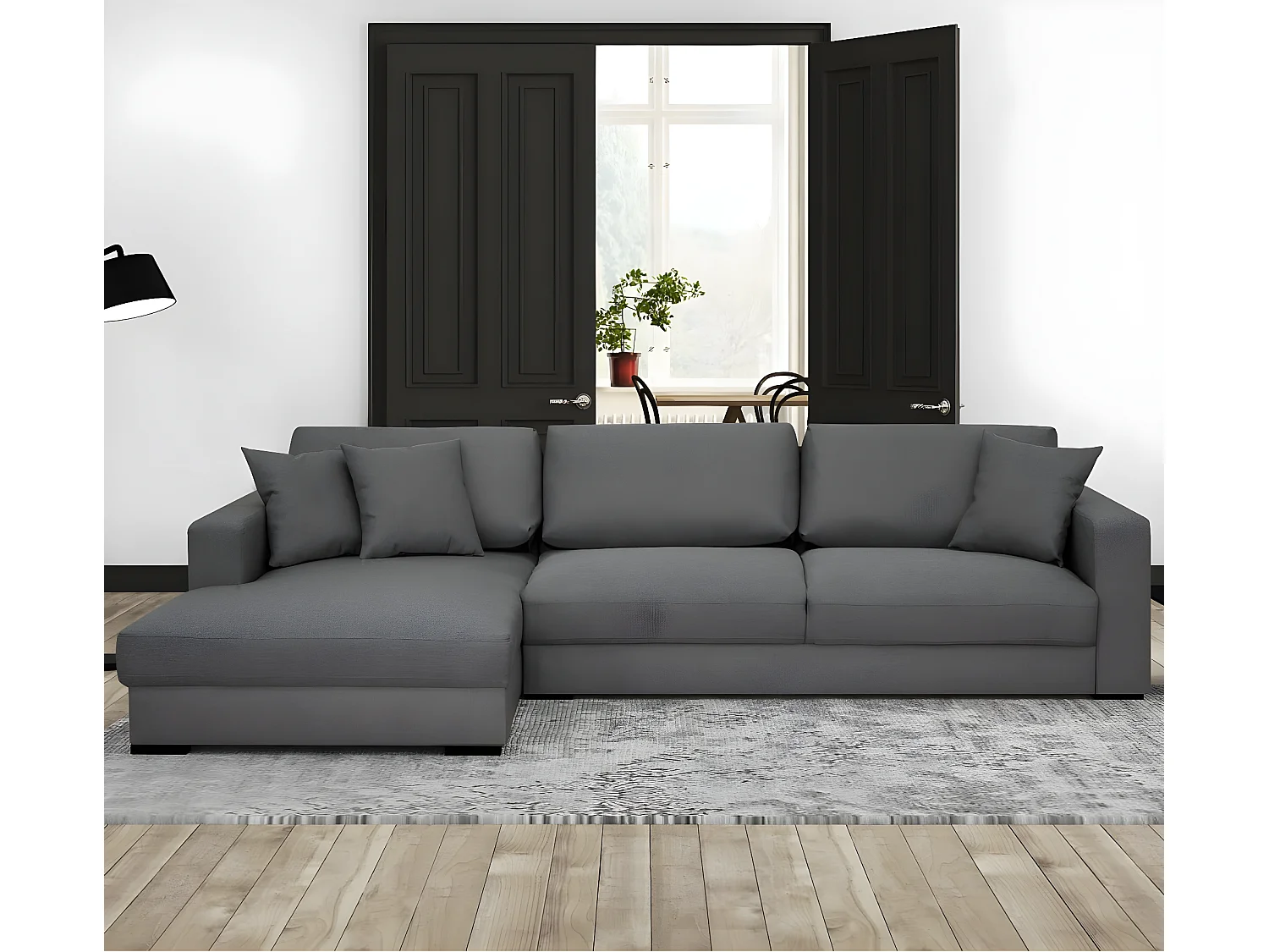 Canapé d'angle gauche convertible 5 places en tissu gris souris avec coffre de rangement - Robin