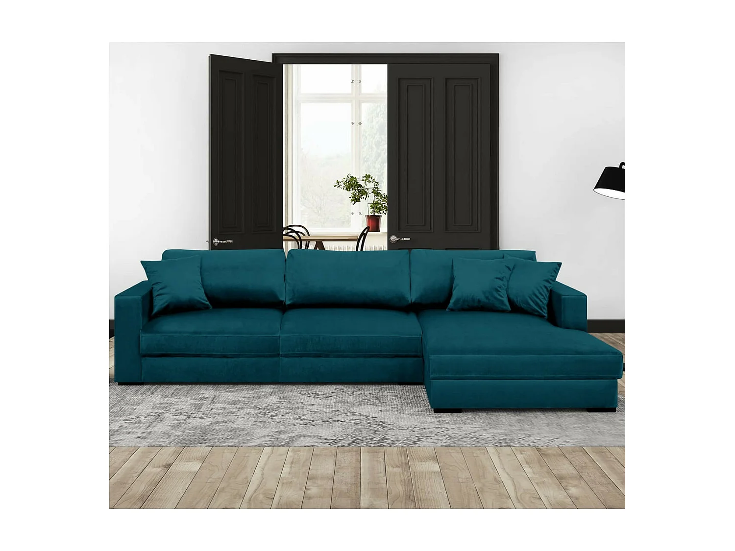 Canapé d'angle droit convertible 5 places en velours bleu canard avec coffre de rangement - Robin