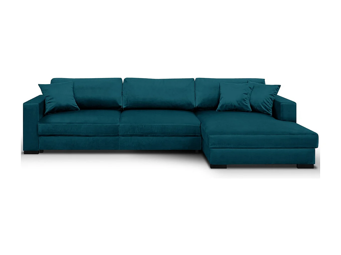 Canapé d'angle droit convertible 5 places en velours bleu canard avec coffre de rangement - Robin