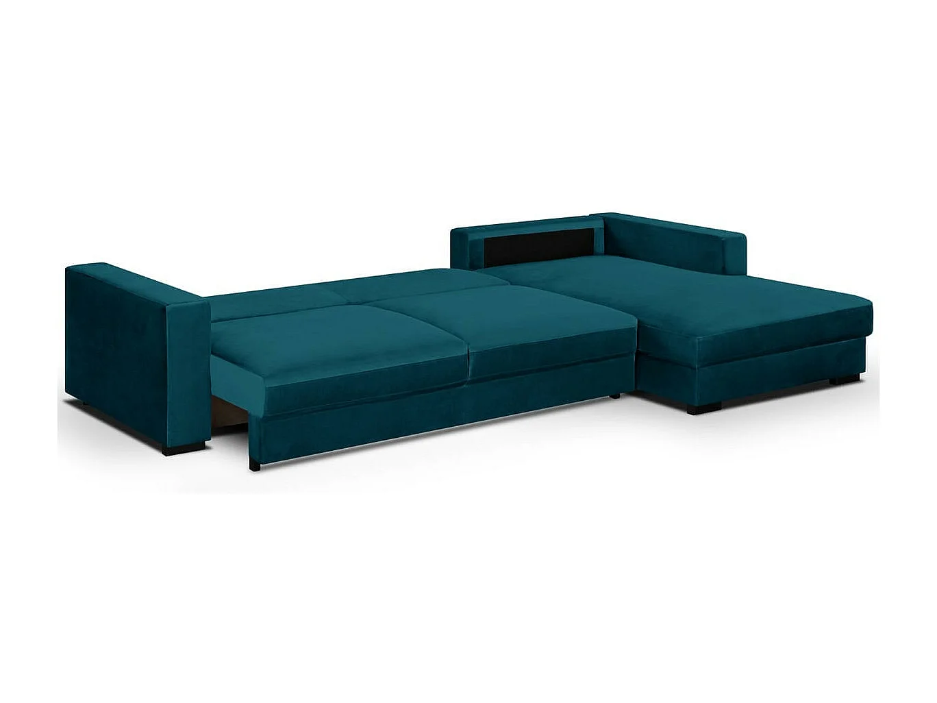 Canapé d'angle droit convertible 5 places en velours bleu canard avec coffre de rangement - Robin