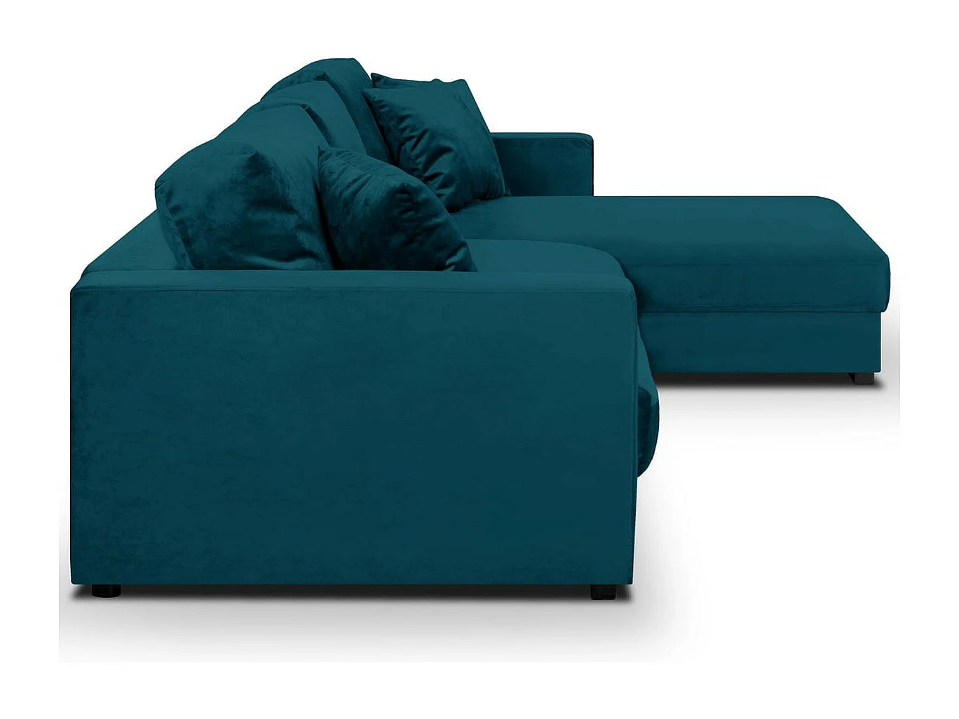 Canapé d'angle droit convertible 5 places en velours bleu canard avec coffre de rangement - Robin