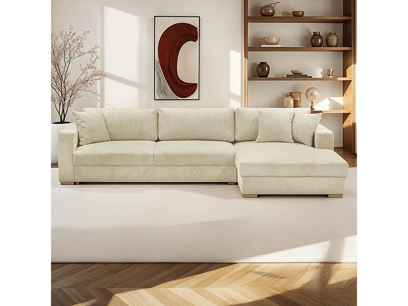 Canapé d'angle droit convertible 5 places en velours côtelé beige - Robin