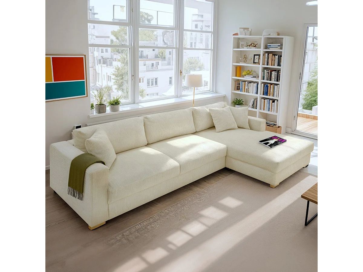 Canapé d'angle droit convertible 5 places en velours côtelé beige - Robin