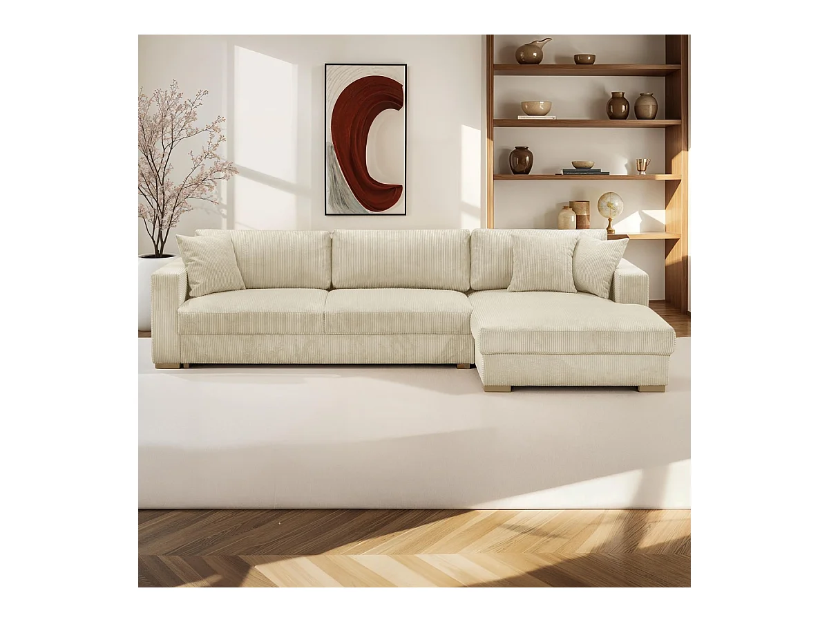 Canapé d'angle droit convertible 5 places en velours côtelé beige - Robin