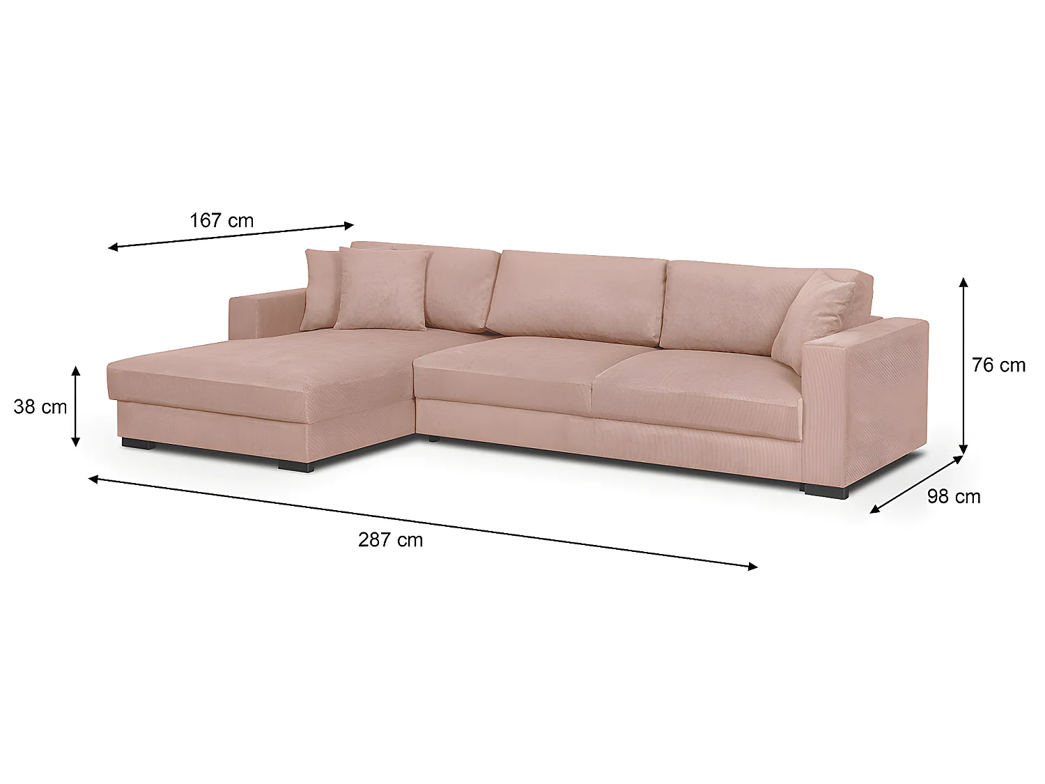 Canapé d'angle à gauche convertible 5 places en velours fines côtes rose pâle - Robin