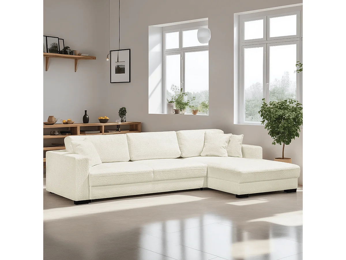 Canapé d'angle à droite convertible 5 places en tissu bouclette beige - Robin