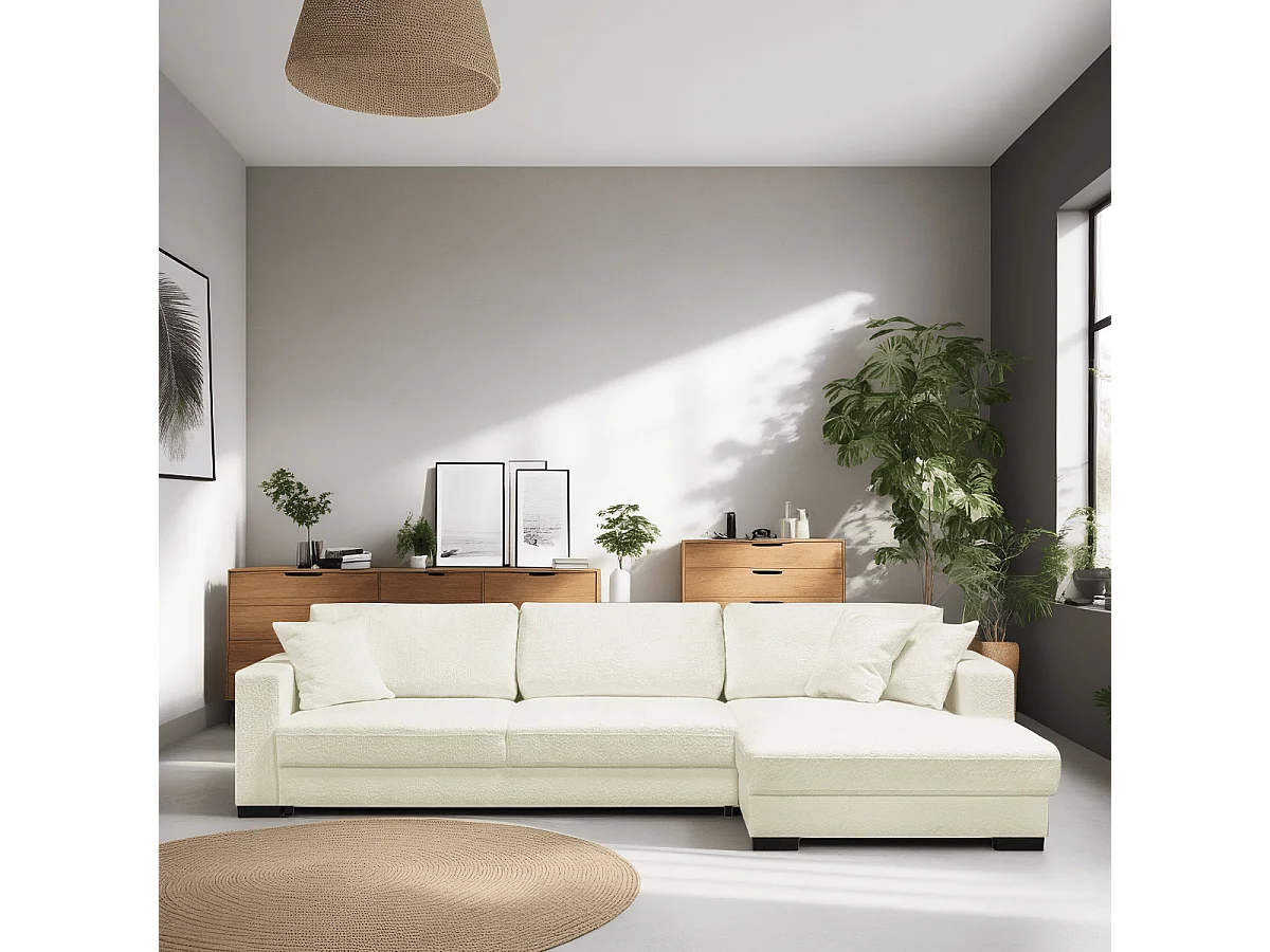 Canapé d'angle à droite convertible 5 places en tissu bouclette beige - Robin