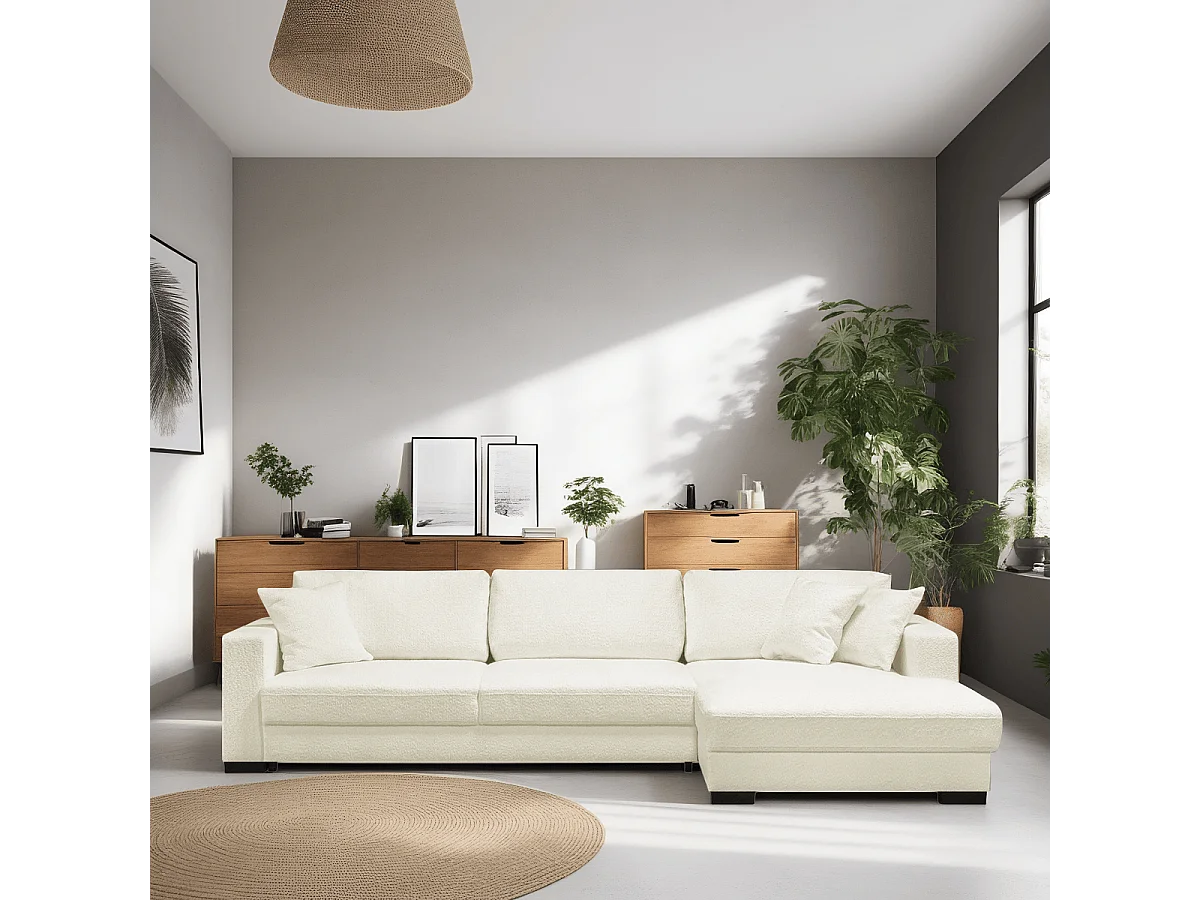 Canapé d'angle à droite convertible 5 places en tissu bouclette beige - Robin