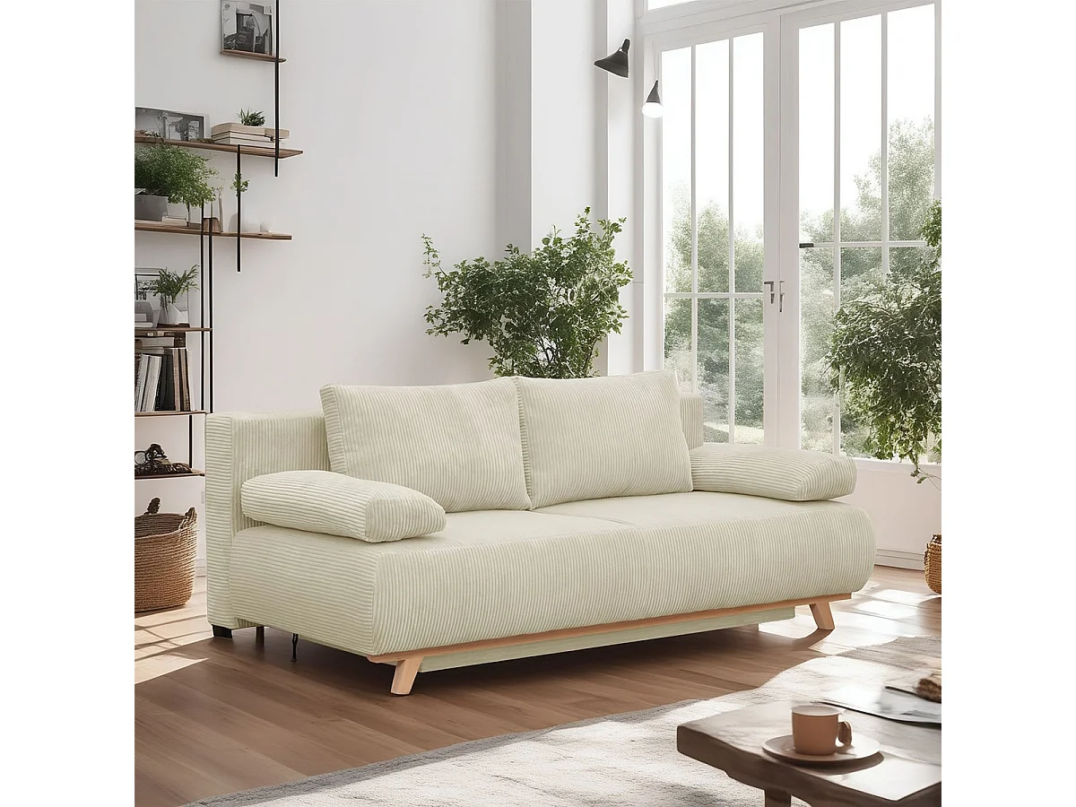 Canapé convertible 3 places avec coffre de rangement en velours côtelé beige - Laria