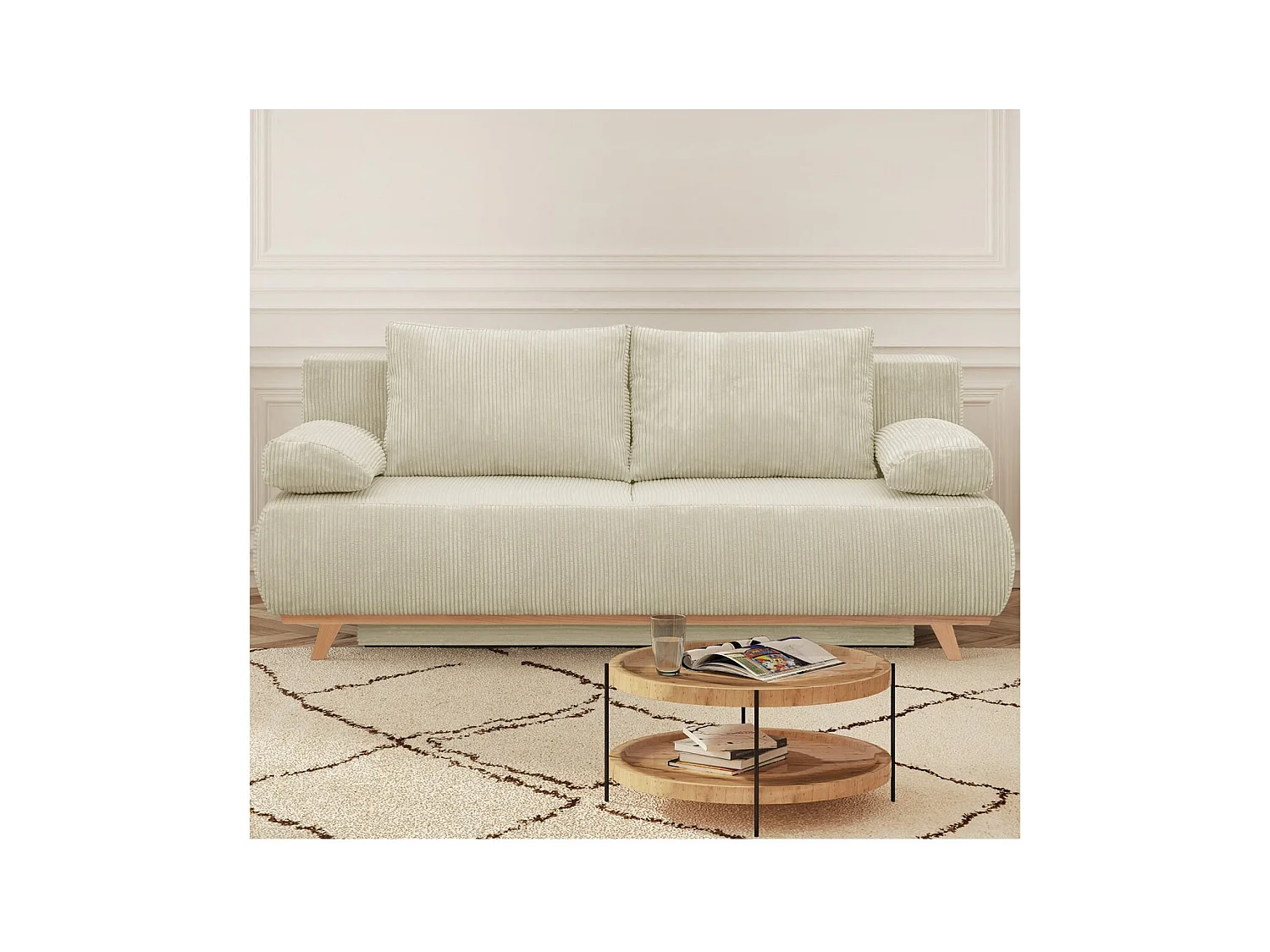 Canapé convertible 3 places avec coffre de rangement en velours côtelé beige - Laria