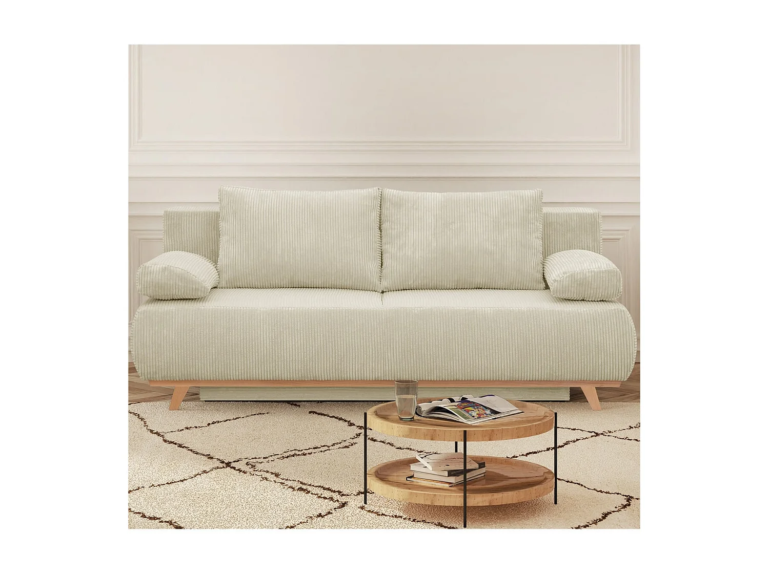 Canapé convertible 3 places avec coffre de rangement en velours côtelé beige - Laria