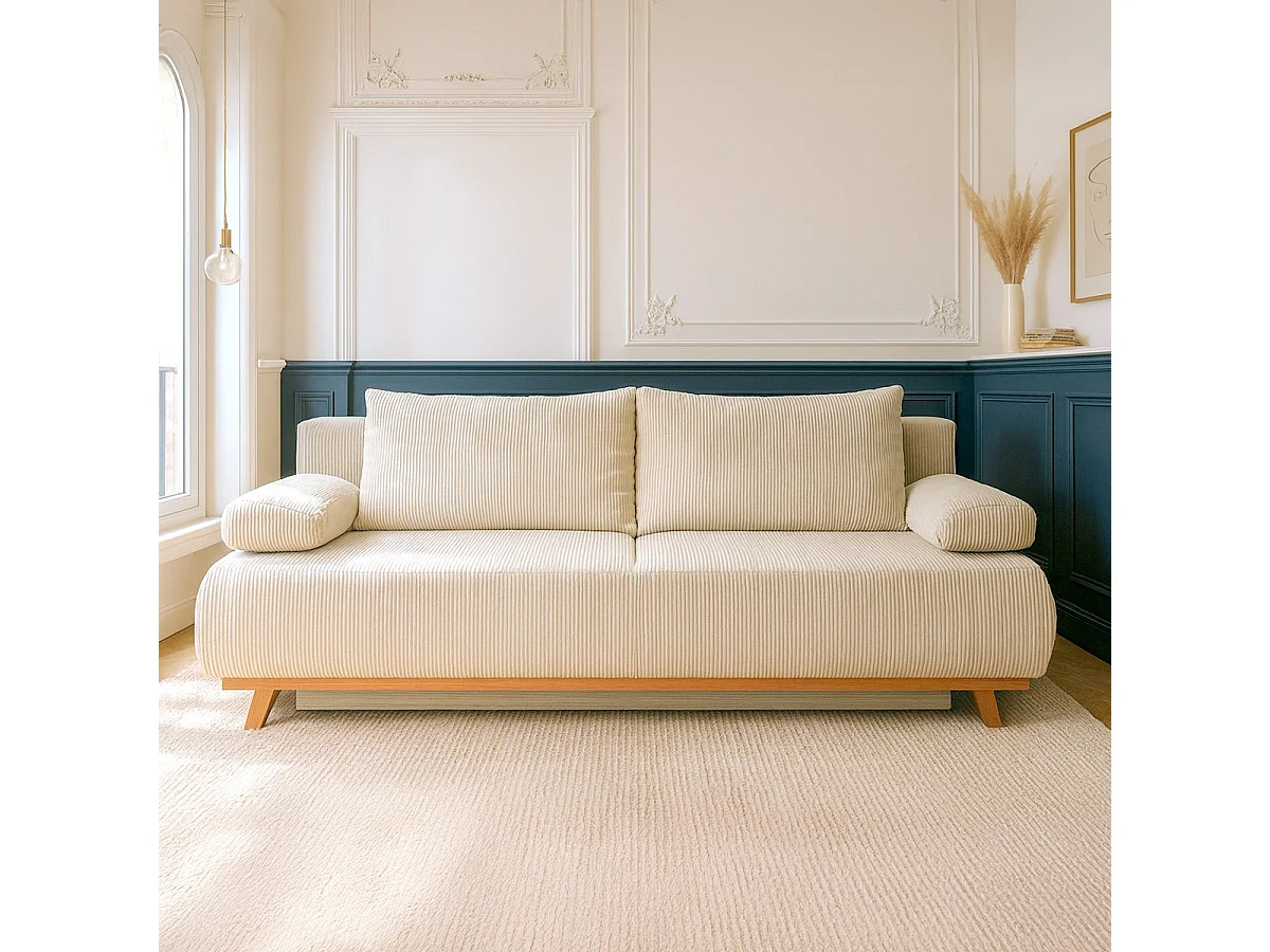 Canapé convertible 3 places avec coffre de rangement en velours côtelé beige - Laria