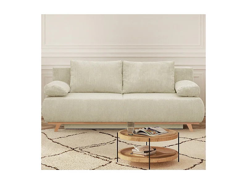 Canapé convertible 3 places avec coffre de rangement en velours côtelé beige - Laria