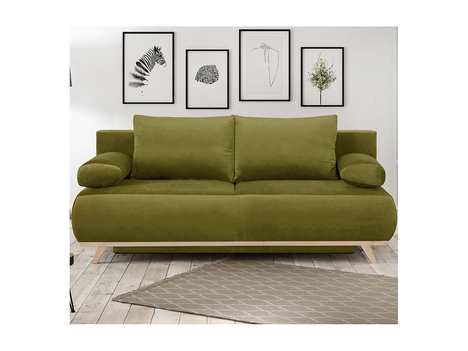 Canapé convertible 3 places avec coffre de rangement en velours vert olive - Laria