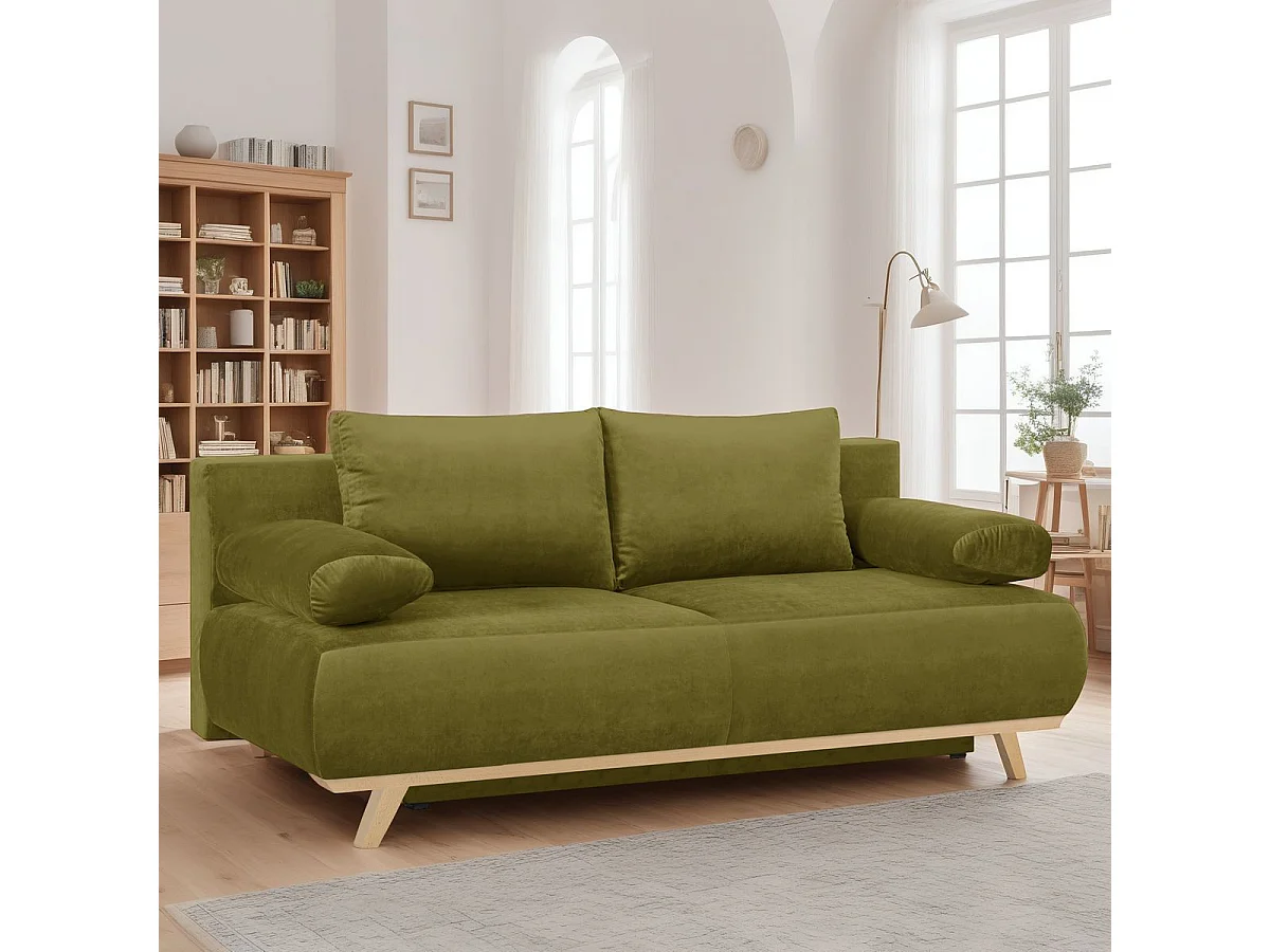 Canapé convertible 3 places avec coffre de rangement en velours vert olive - Laria