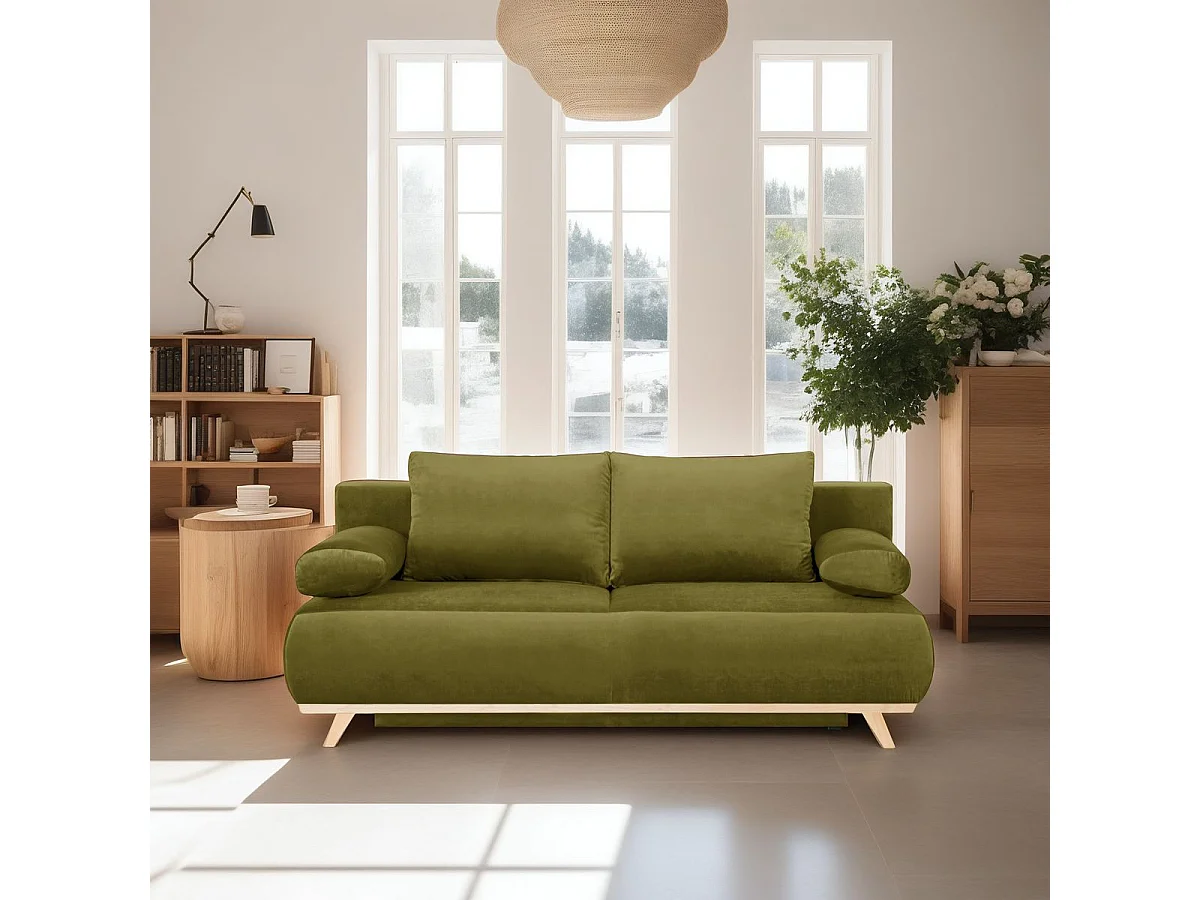 Canapé convertible 3 places avec coffre de rangement en velours vert olive - Laria