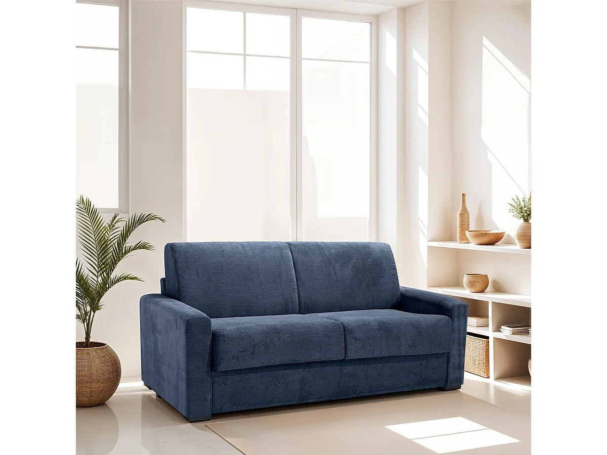 Canapé convertible 3 places en velours fines côtes bleu - Ouverture express - Anzio